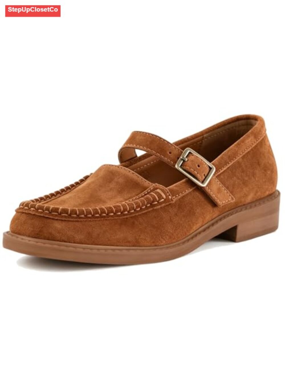 Faux Suede Low Heel Loafers for Women Chunky Heel Mary Janes with Buckle